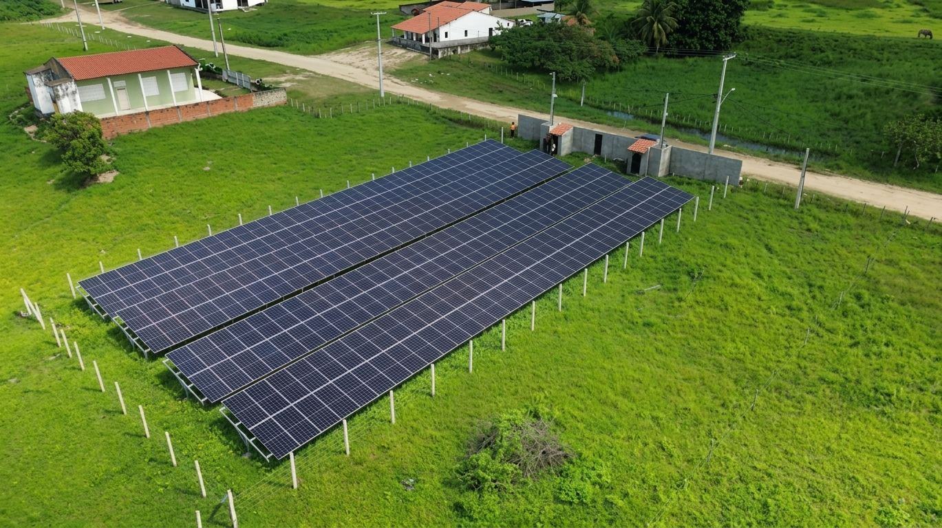 Instalação de painéis solares em estrutura elevada ao entardecer