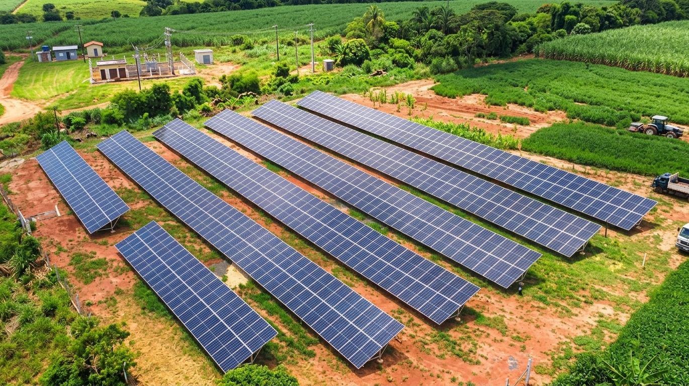 Usina solar de grande porte instalada em área rural, vista aérea